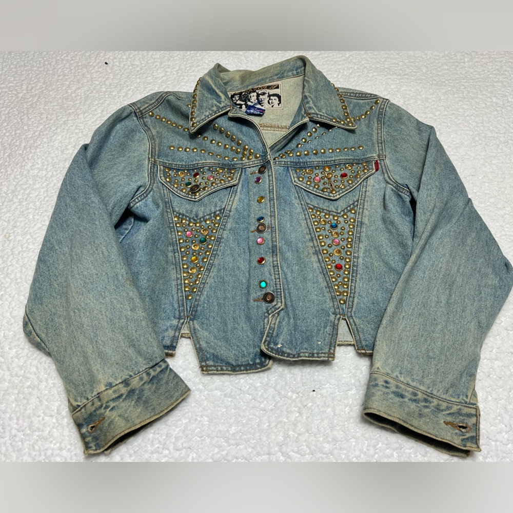 Vintage 80s Gazoz Bedazzled Beaded Jean Blue Denim Jacket Large MADE IN USA